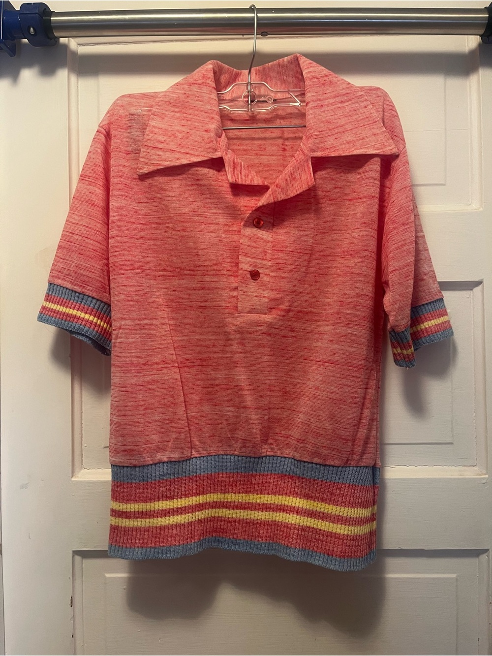 Vintage Pink Short-Sleeve Polo Top with Striped Trim